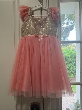 Popatu Pink Tulle Dress with Gold Sequin Bodice